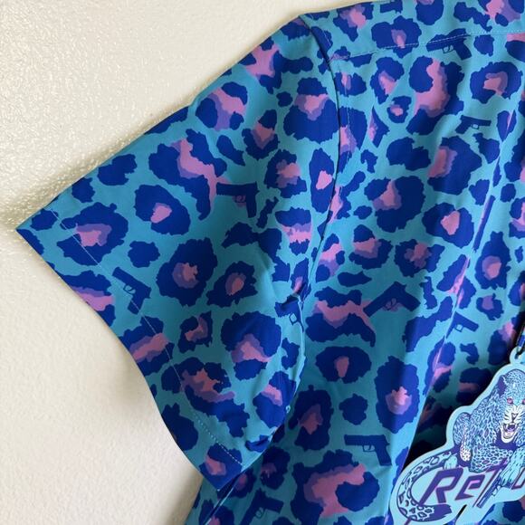 Retro Rifle Shirt Mens Medium Blue Leopard Short Sleeve Button Up Stretch NWT - Picture 4 of 14